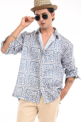 Regal Blue Bold Print Oversized Shirt - model_poseposition_of_shirtporduct_type