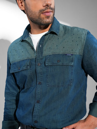 Emerald Avian Dual-Tone Casual Denim Shirt