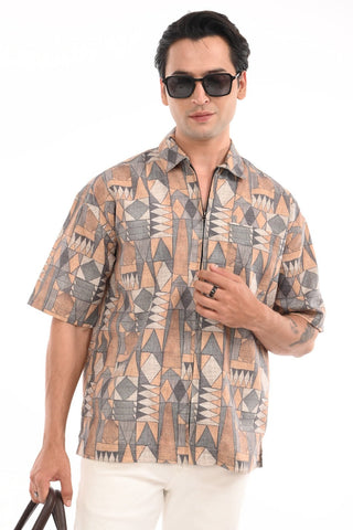 Sunburst Yellow Cotton Abstract Zipper Shirt - model_poseposition_of_shirtporduct_type