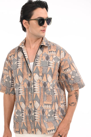 Sunburst Yellow Cotton Abstract Zipper Shirt - model_poseposition_of_shirtporduct_type