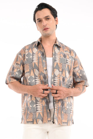 Sunburst Yellow Cotton Abstract Zipper Shirt - model_poseposition_of_shirtporduct_type