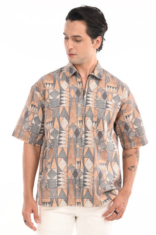 Sunburst Yellow Cotton Abstract Zipper Shirt - model_poseposition_of_shirtporduct_type