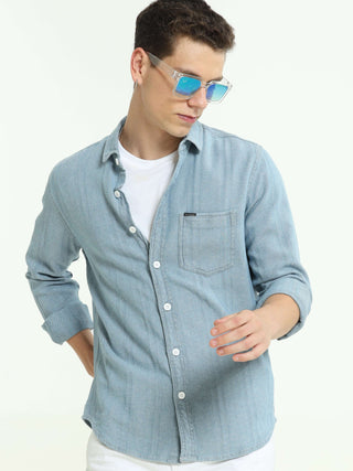 Teal Blue Multi Block Denim Check Shirt - model_poseposition_of_shirtporduct_type