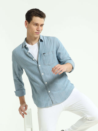 Teal Blue Multi Block Denim Check Shirt - model_poseposition_of_shirtporduct_type