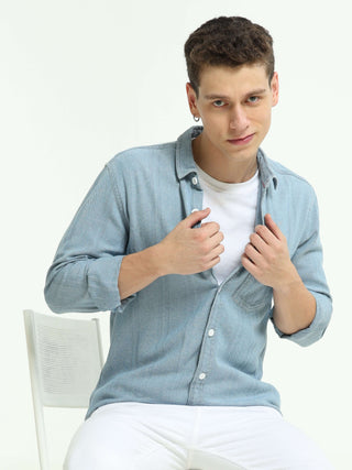 Teal Blue Multi Block Denim Check Shirt - model_poseposition_of_shirtporduct_type