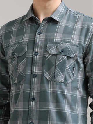 Teal Grey Double Pocket Checks Shirt - model_poseposition_of_shirtporduct_type