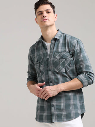 Teal Grey Double Pocket Checks Shirt - model_poseposition_of_shirtporduct_type