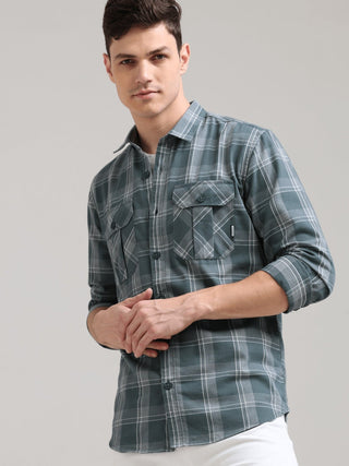 Teal Grey Double Pocket Checks Shirt - model_poseposition_of_shirtporduct_type