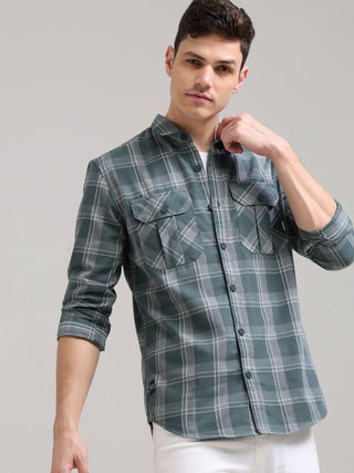 Teal Grey Double Pocket Checks Shirt - model_poseposition_of_shirtporduct_type