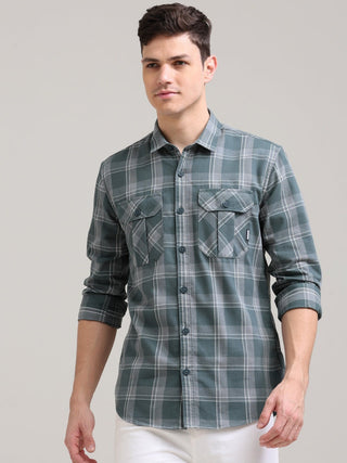 Teal Grey Double Pocket Checks Shirt - model_poseposition_of_shirtporduct_type