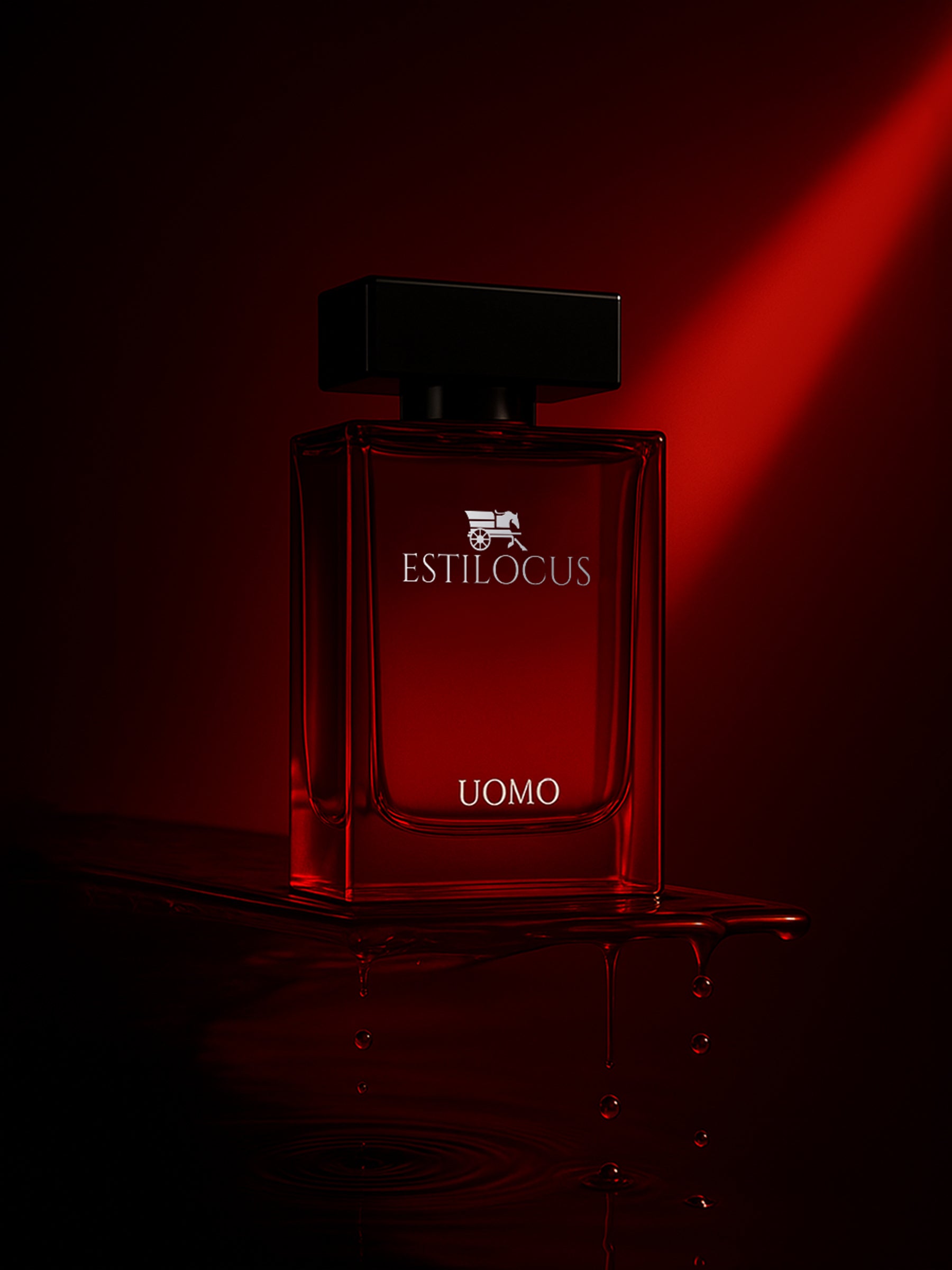 Red Estilocus perfume bottle on a dark background