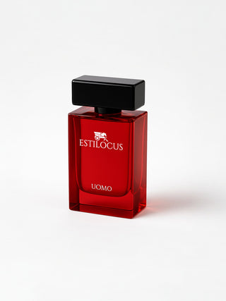 Red Estilocus perfume bottle on a white background