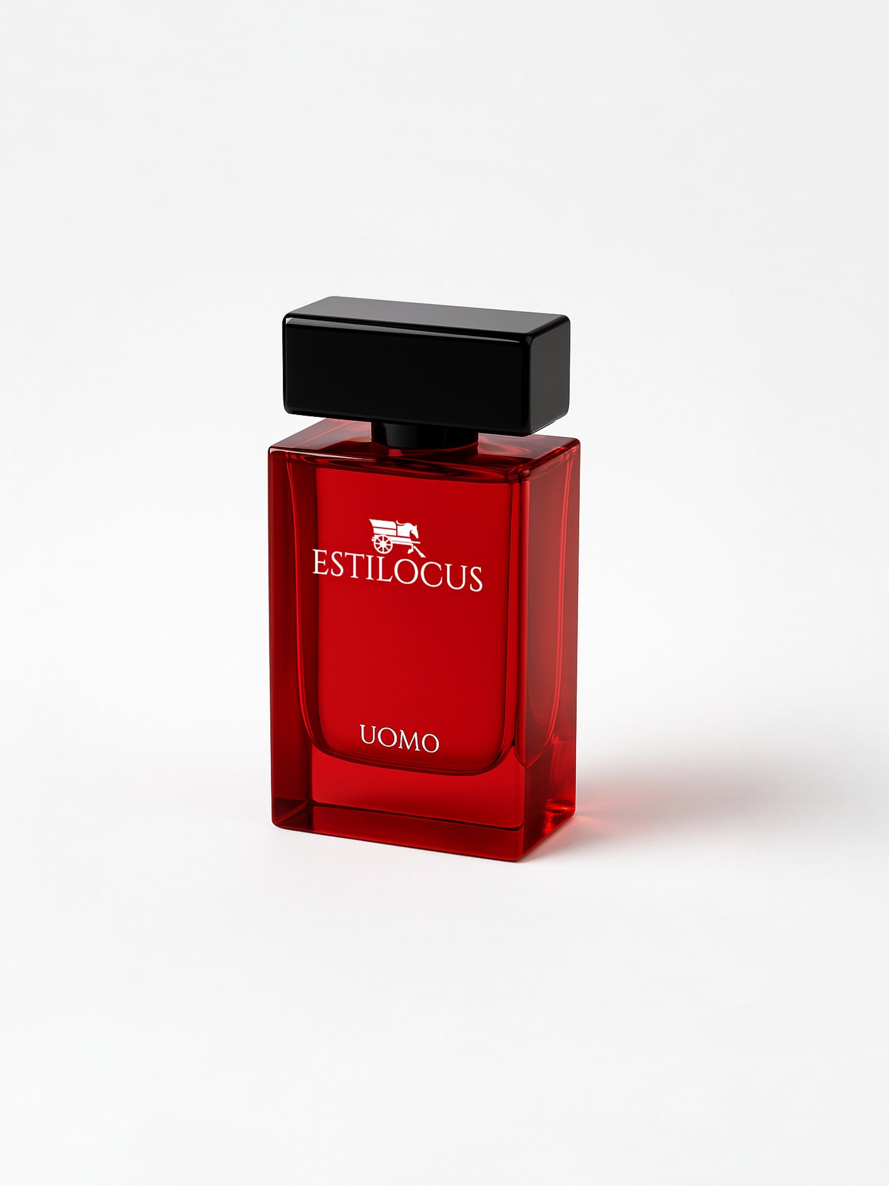 Red Estilocus perfume bottle on a white background