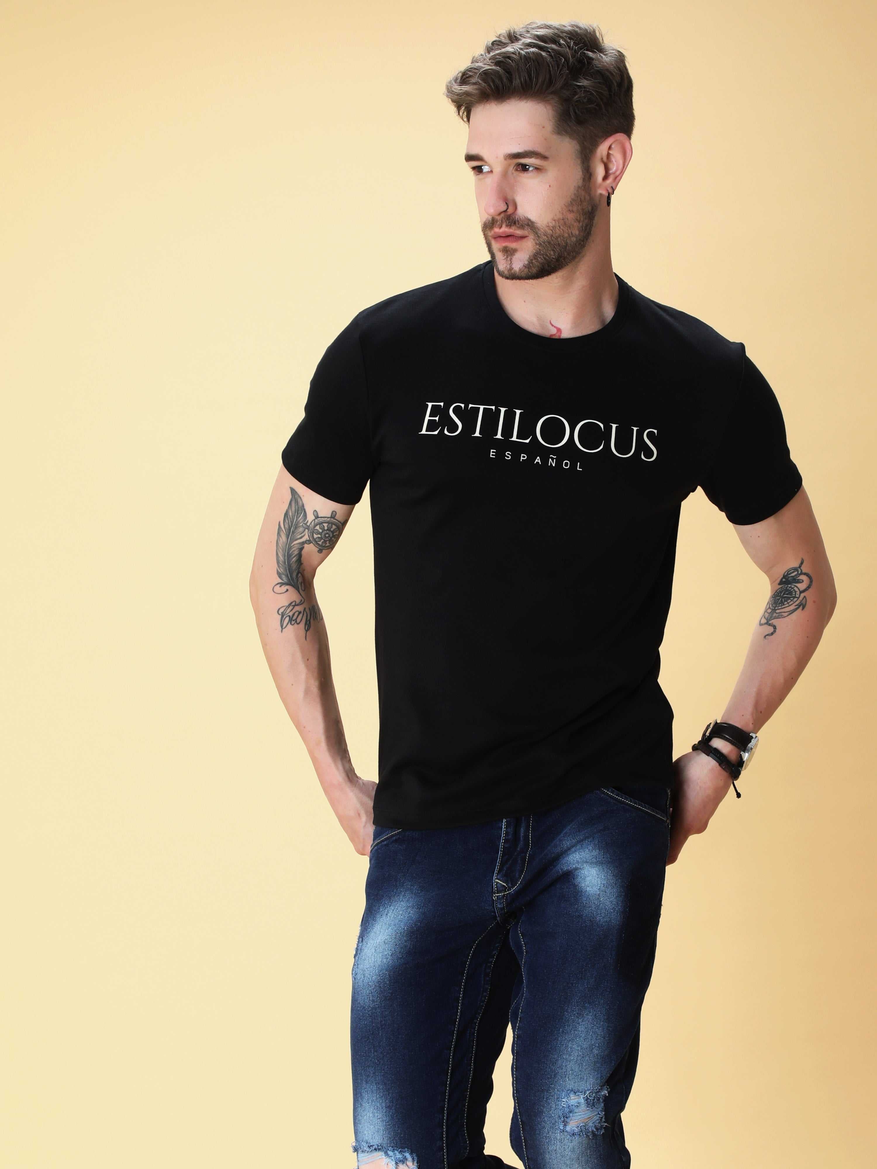 Midnight Black Crew Neck T-Shirt shop online at Estilocus. This pure cotton printed T-shirt is a stylish go-to for laidback days. Cut in a comfy regular fit. • 100% Cotton knitted interlock 190GSM• Bio washed fabric• Round neck T-shirt • Half sleeve • Sui