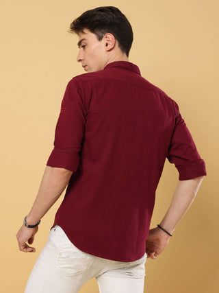 Wine Maroon Twill Solid Cargo Shirt shop online at Estilocus. • 100% premium cotton• Full-sleeve solid shirt• Cut and sew placket• Regular collar• Double button round cuff's.• Double pocket with flap.• Finest embroidery on sleeve and front panel• Curved h