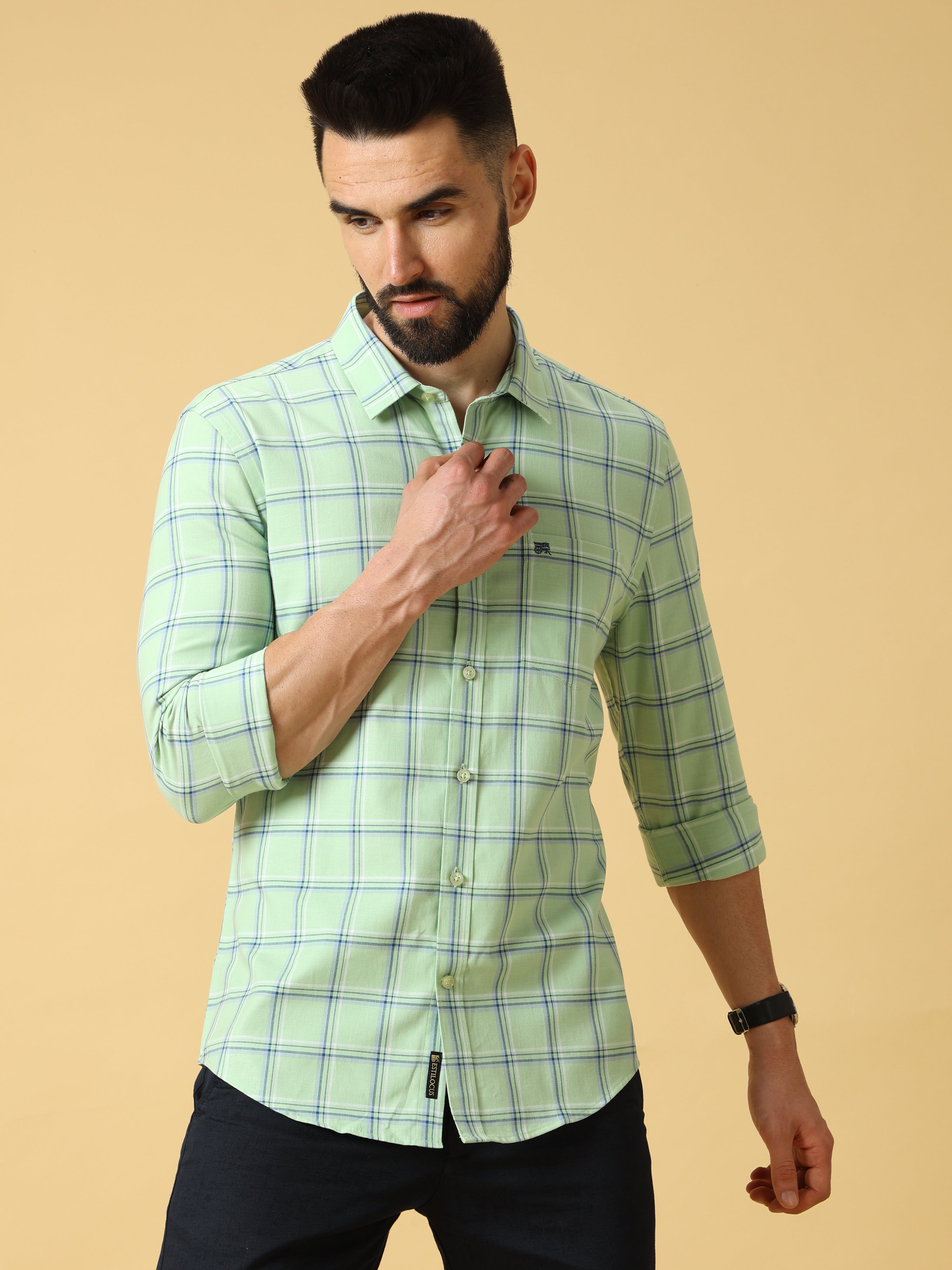 Green Navy /Grey Check Shirt shop online at Estilocus. 100% PREMIUM COTTON FULL SLEEVE CHECKED SLIM SHIRT CUTAWAY COLLAR MACHINE WASH CARE SUITABLE TO WEAR WITH ALL TYPE OF BOTTOMS