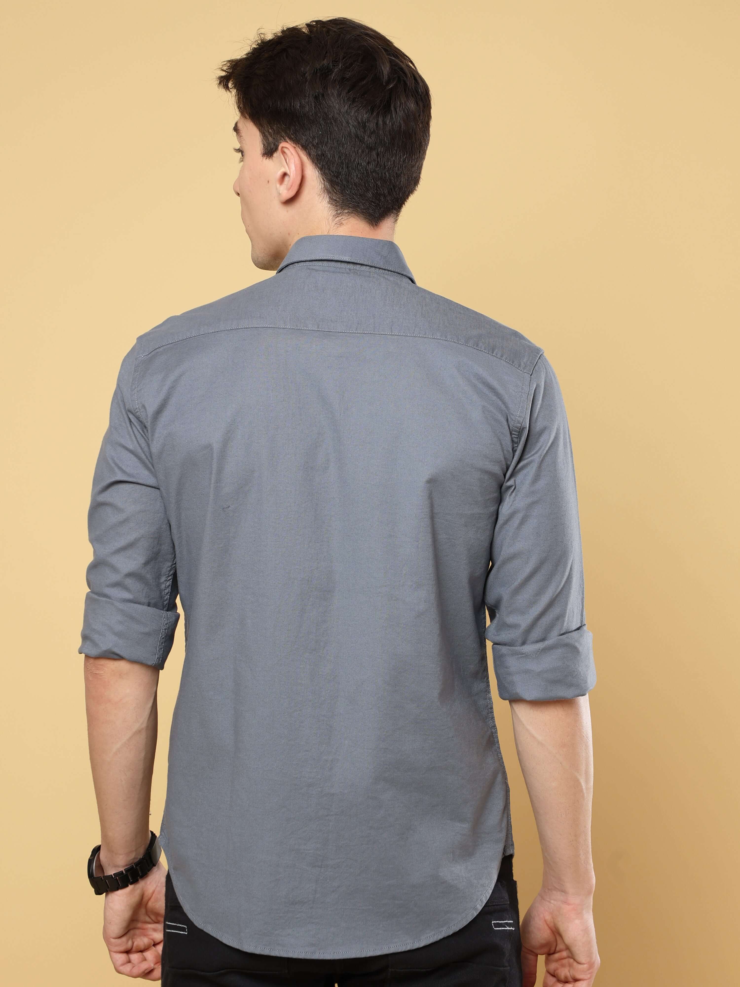 Steel Gray Solid Double Pocket Shirt