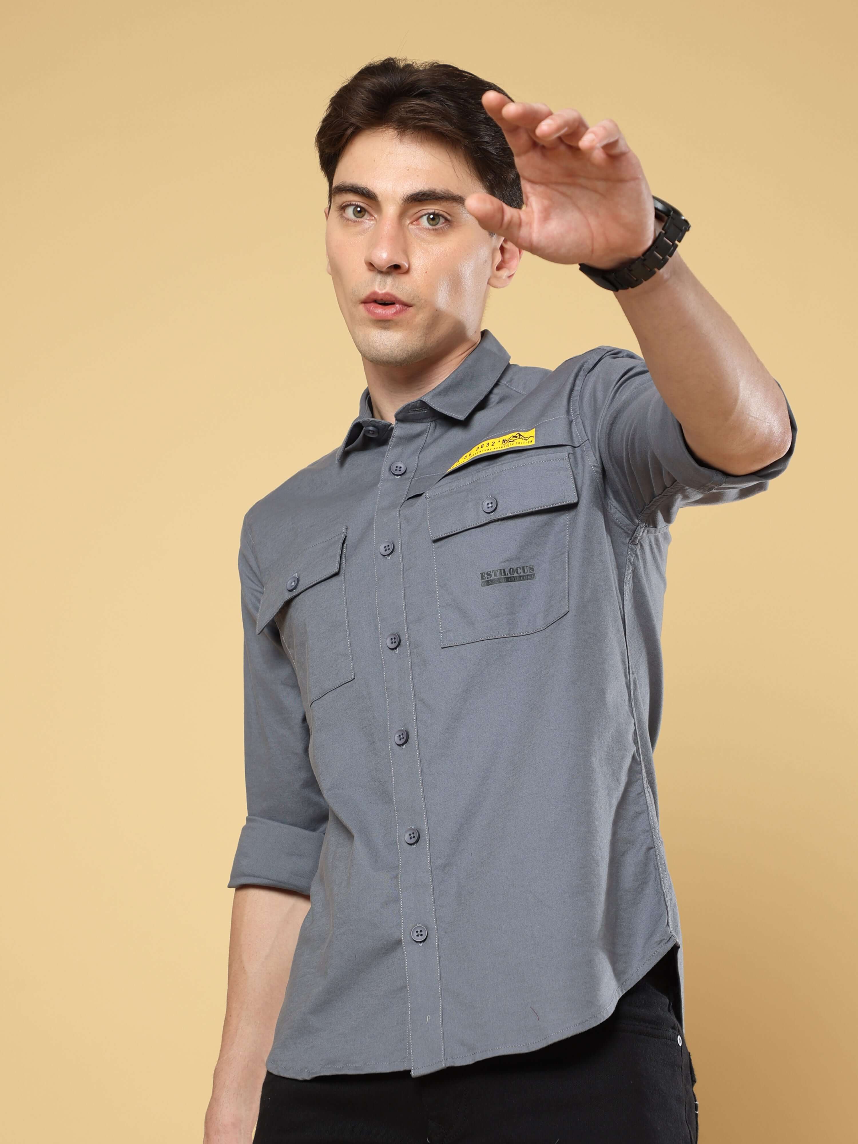 Steel Gray Solid Double Pocket Shirt