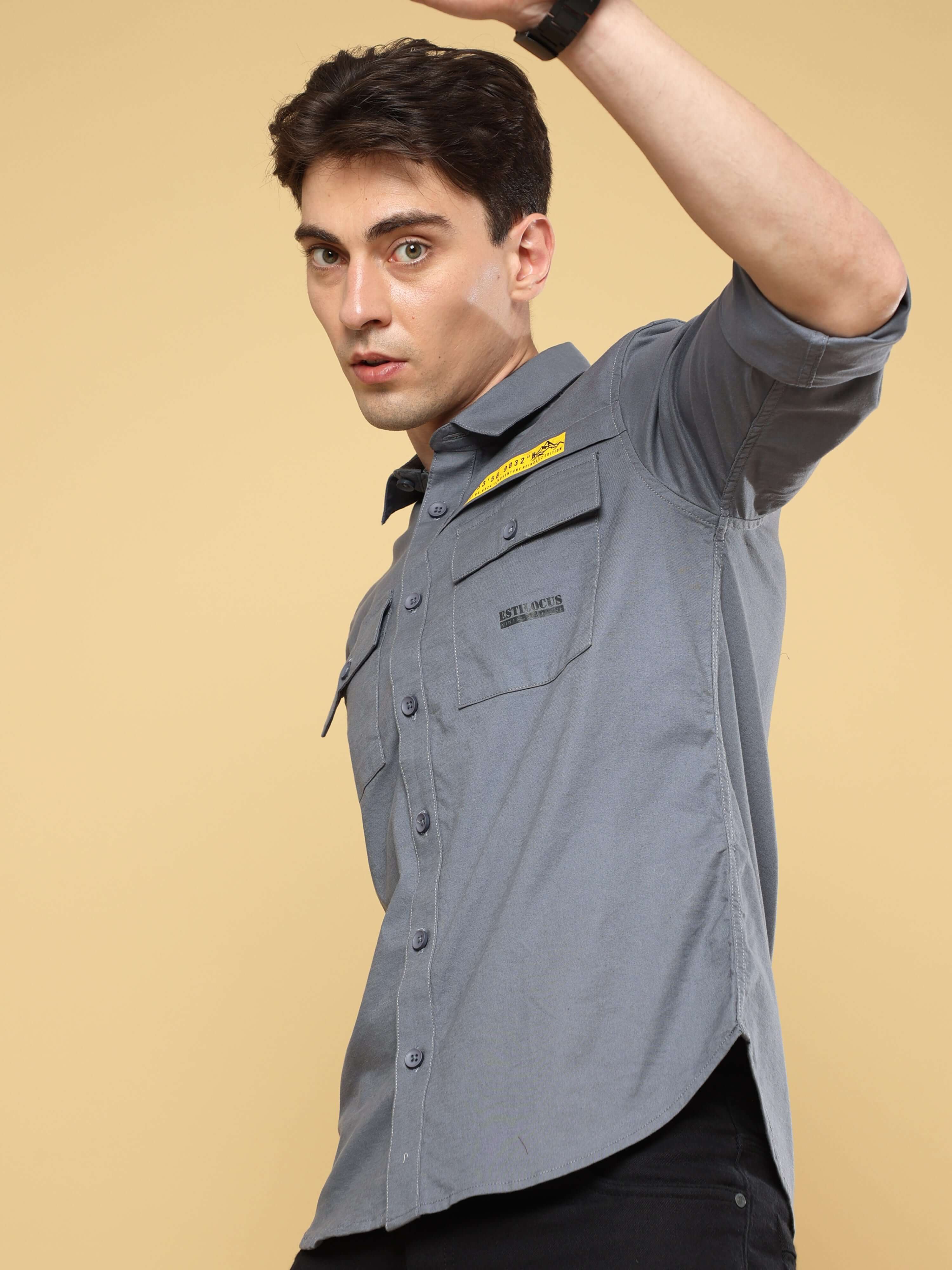 Steel Gray Solid Double Pocket Shirt