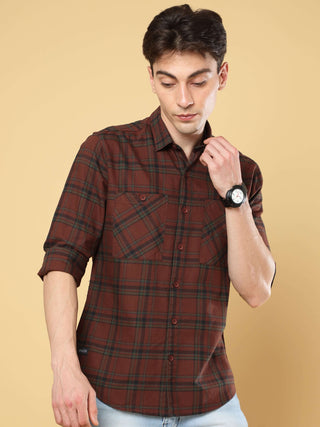 Double Pocket Checked Shirt shop online at Estilocus. • Cut and sew placket• Regular collar• Double button round cuff's• Double pocket flapless pocket• Curved hemline• All single needle construction, finest quality sewing.• HD copper foil pocket print• Ma