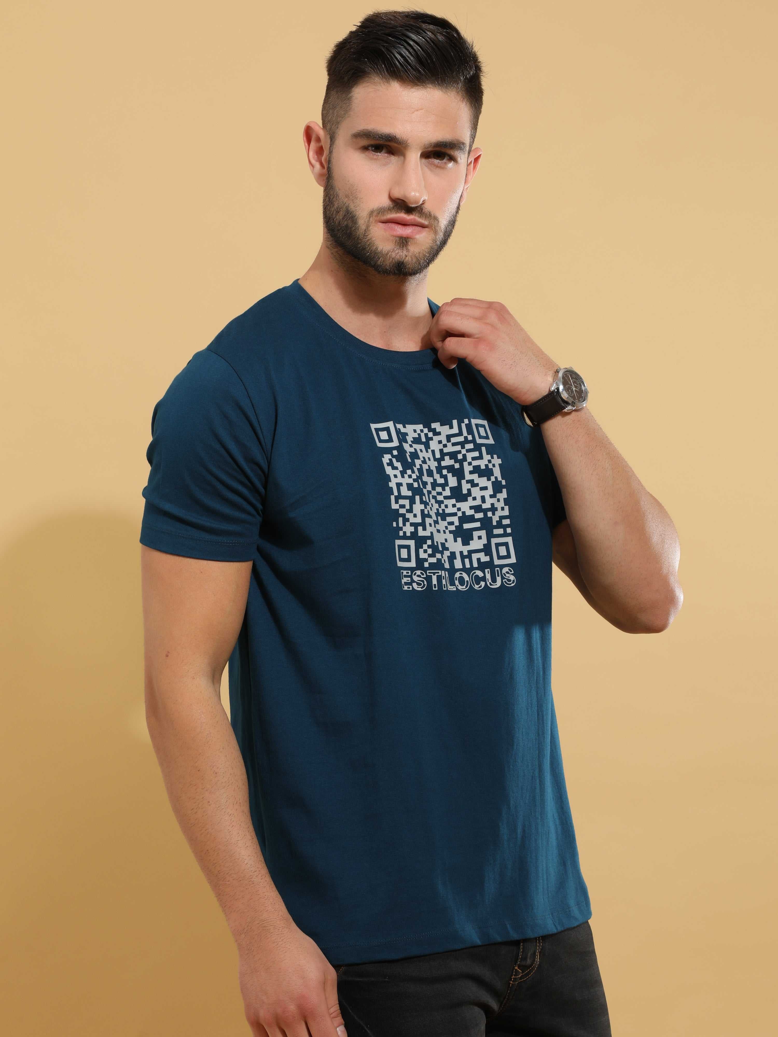 Teal Barcode Crewneck T-Shirt shop online at Estilocus. This pure cotton printed T-shirt is a stylish go-to for laidback days. Cut in a comfy regular fit. • 100% Cotton knitted interlock 190GSM• Bio washed fabric• Round neck T-shirt • Half sleeve • Suits