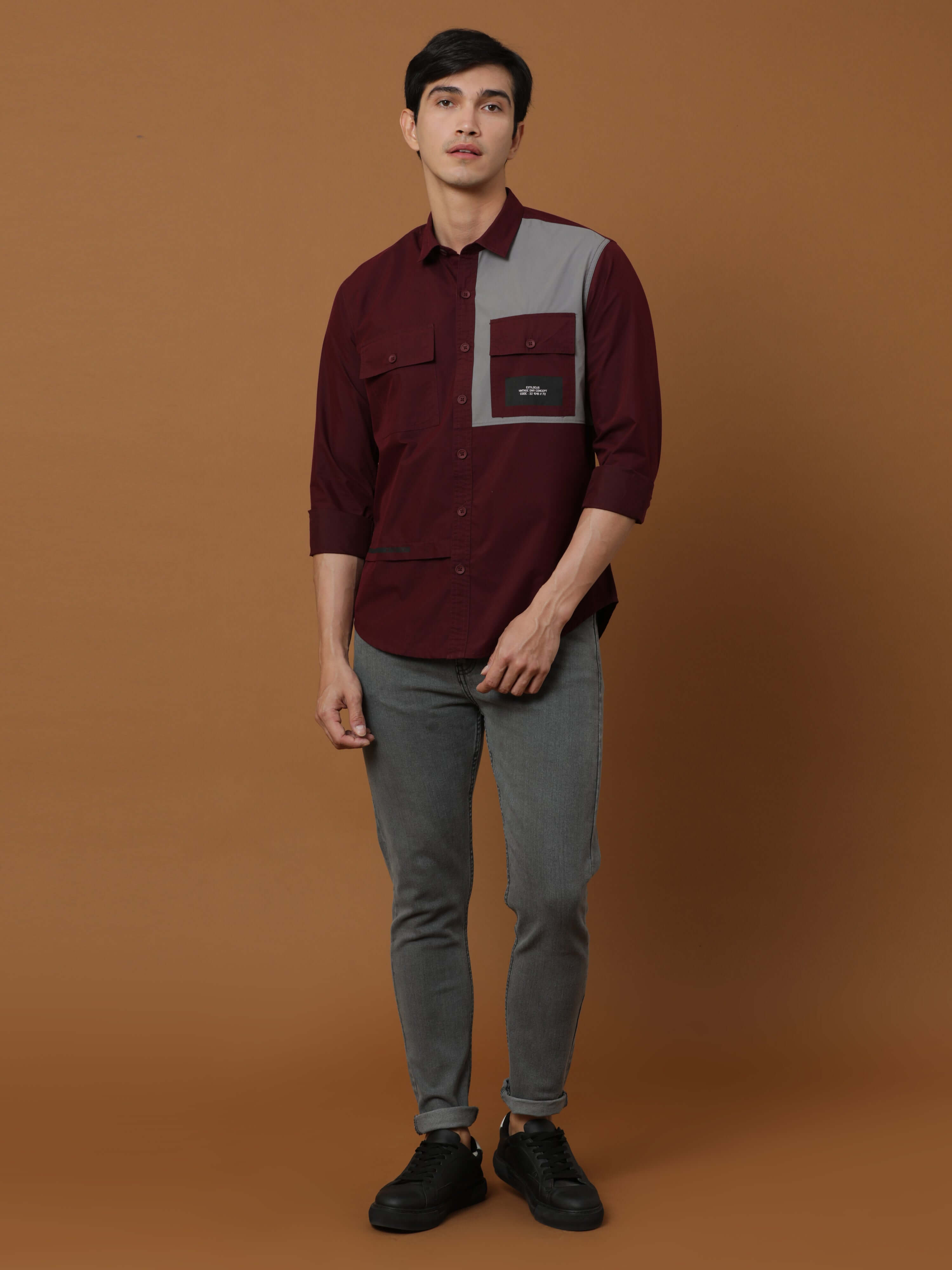 Wine Maroon Contrast Patch Cargo Shirt