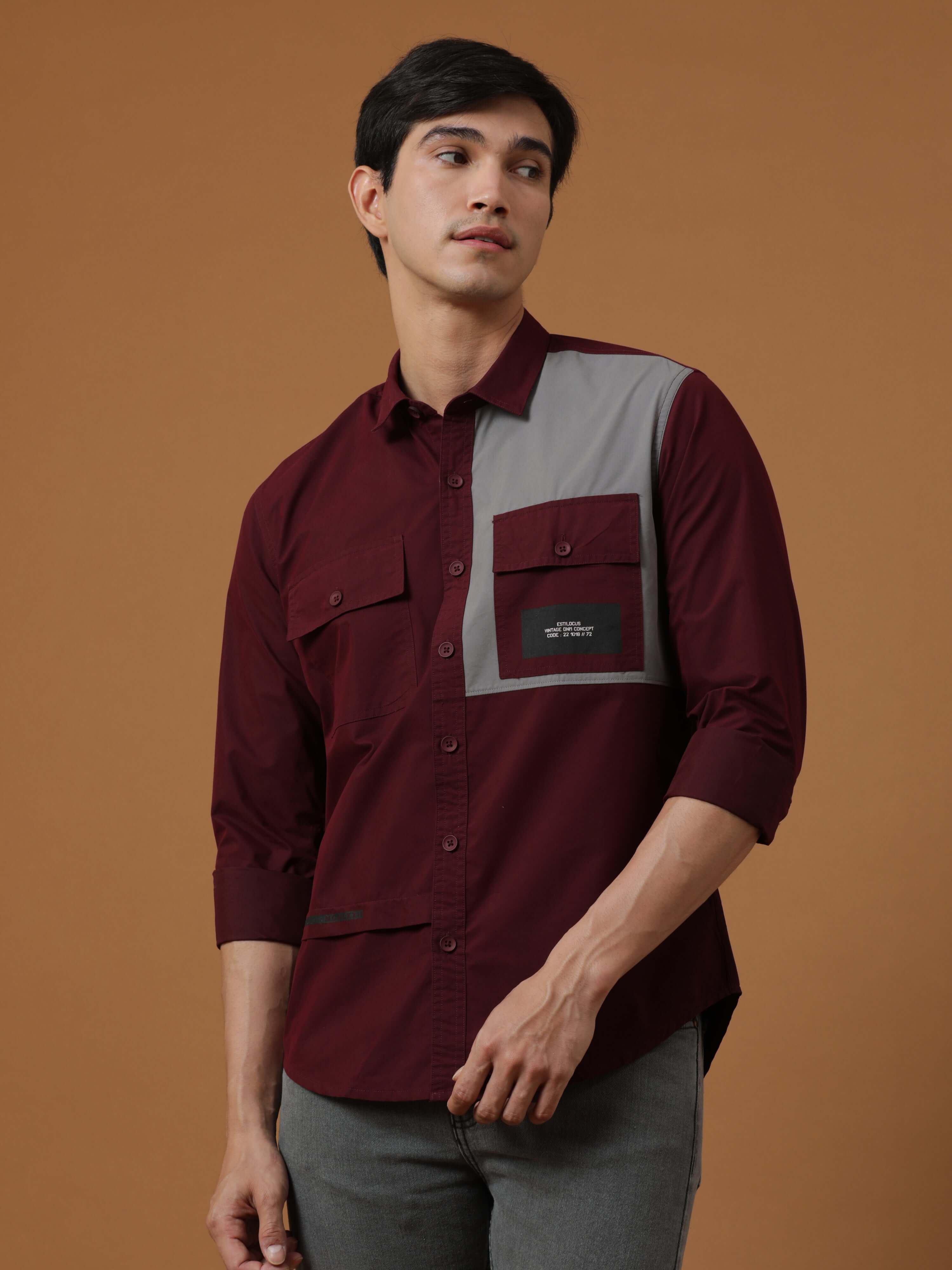 Wine Maroon Contrast Patch Cargo Shirt