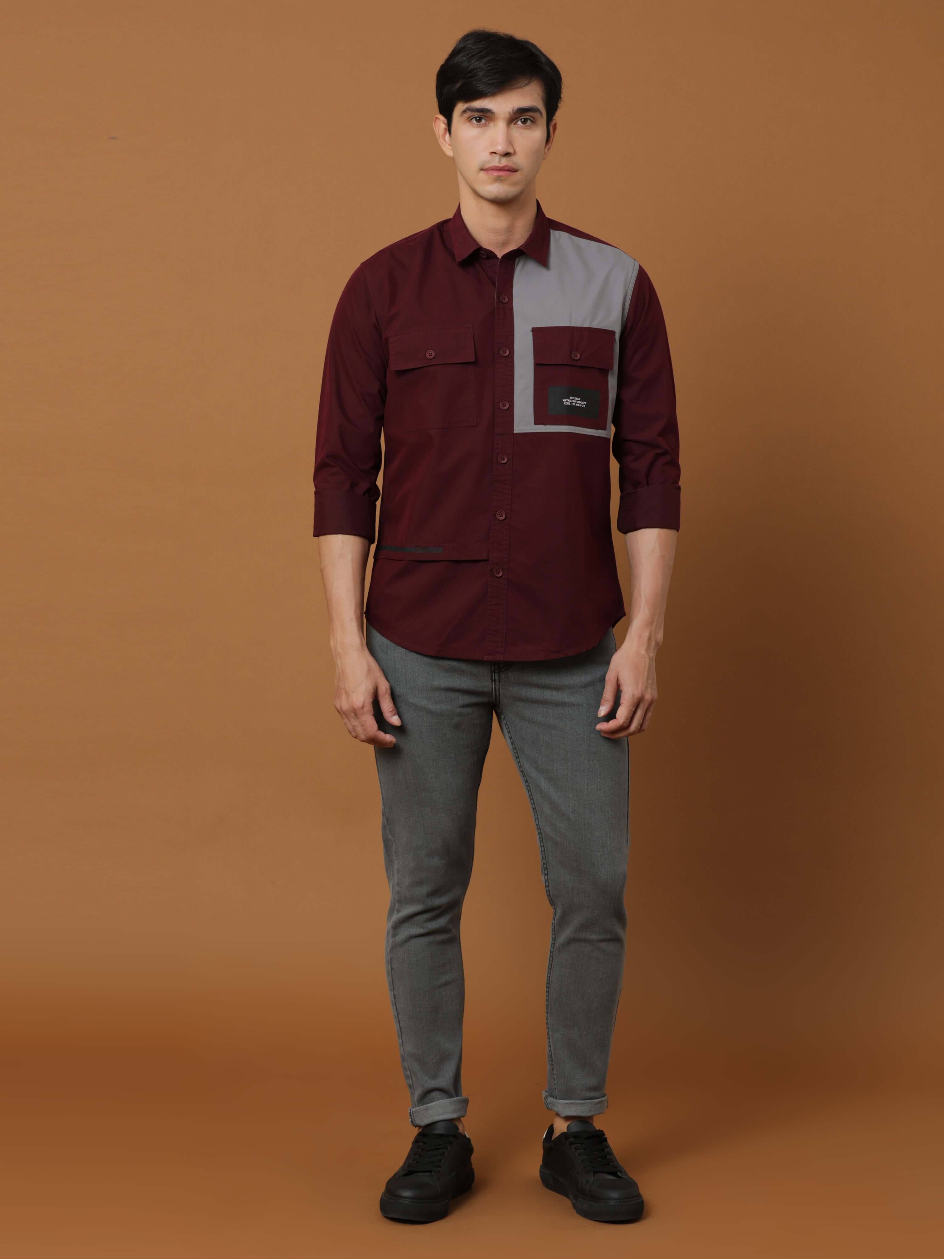 Wine Maroon Contrast Patch Cargo Shirt