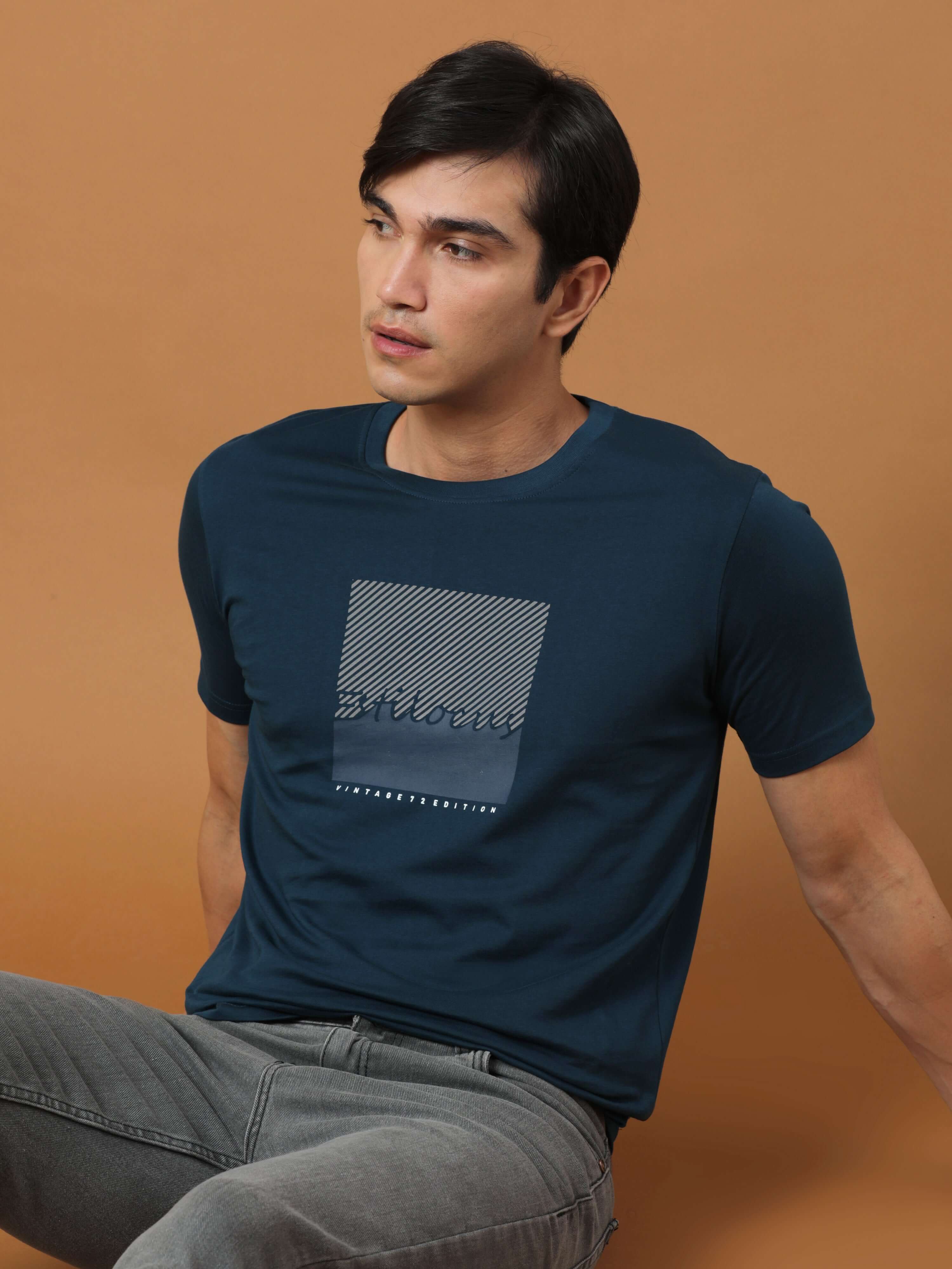 Teal Blue Vintage 72 Edition T Shirt shop online at Estilocus. 100% Cotton Designed and printed on knitted fabric. The fabric is stretchy and lightweight, with a soft skin feel and no wrinkles. Crew neck collar which is smooth on the neck and keeps you co