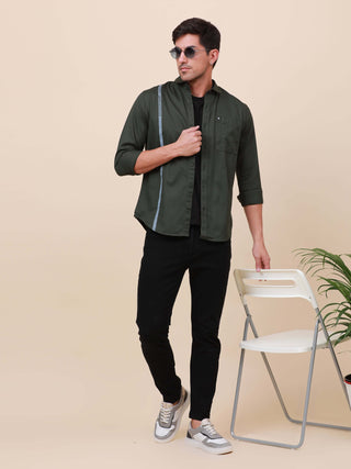 Dark Green Solid Single Pocket full sleeve shirt shop online at Estilocus. 100% Cotton ,Full-sleeve solid shirt Cut and sew placket Regular collar Double button edge cuff Single pocket with flap Curved bottom hemline Finest printing at front placket. All