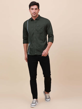 Dark Green Solid Single Pocket full sleeve shirt shop online at Estilocus. 100% Cotton ,Full-sleeve solid shirt Cut and sew placket Regular collar Double button edge cuff Single pocket with flap Curved bottom hemline Finest printing at front placket. All