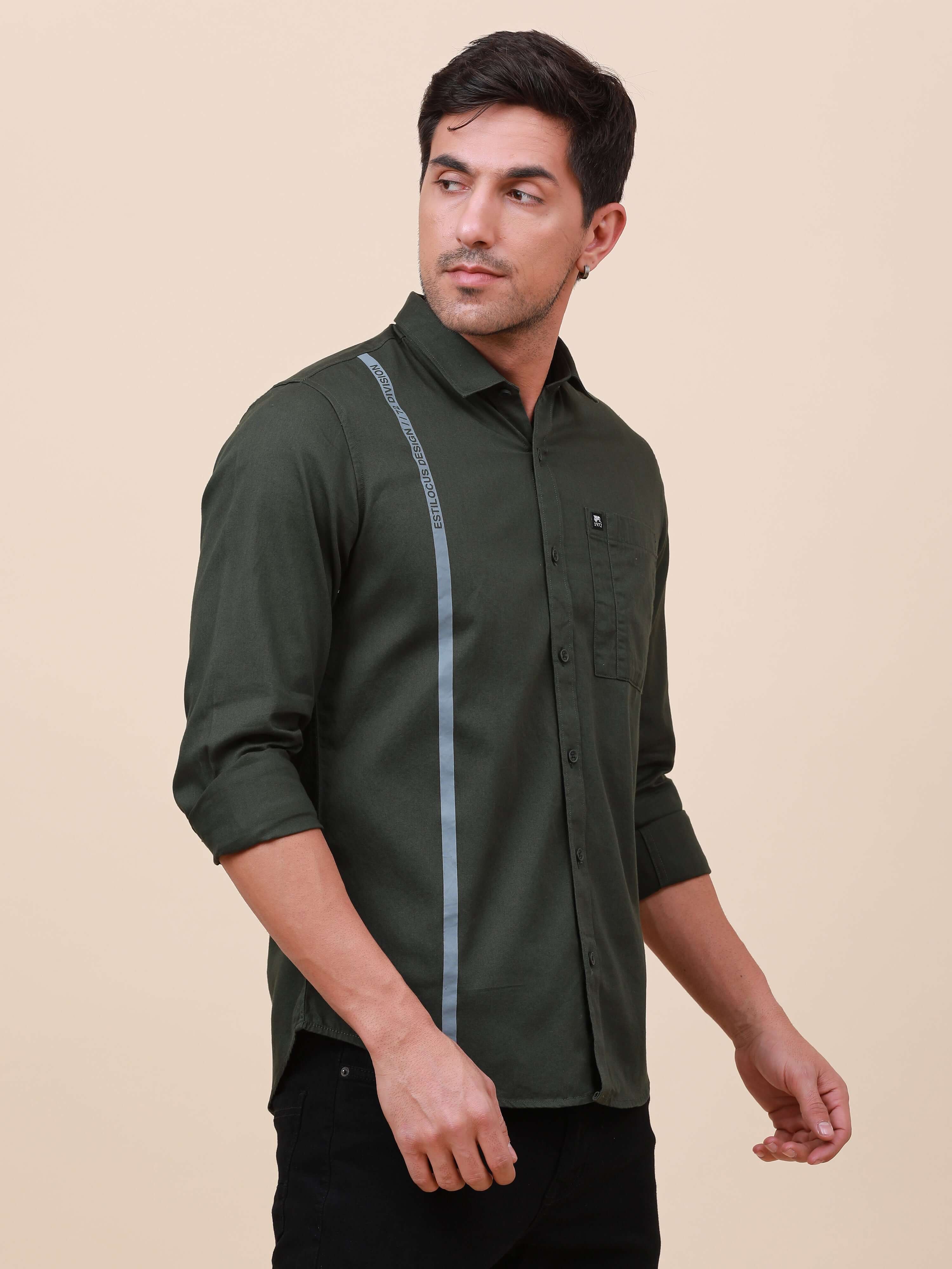 Dark Green Solid Single Pocket full sleeve shirt shop online at Estilocus. 100% Cotton ,Full-sleeve solid shirt Cut and sew placket Regular collar Double button edge cuff Single pocket with flap Curved bottom hemline Finest printing at front placket. All