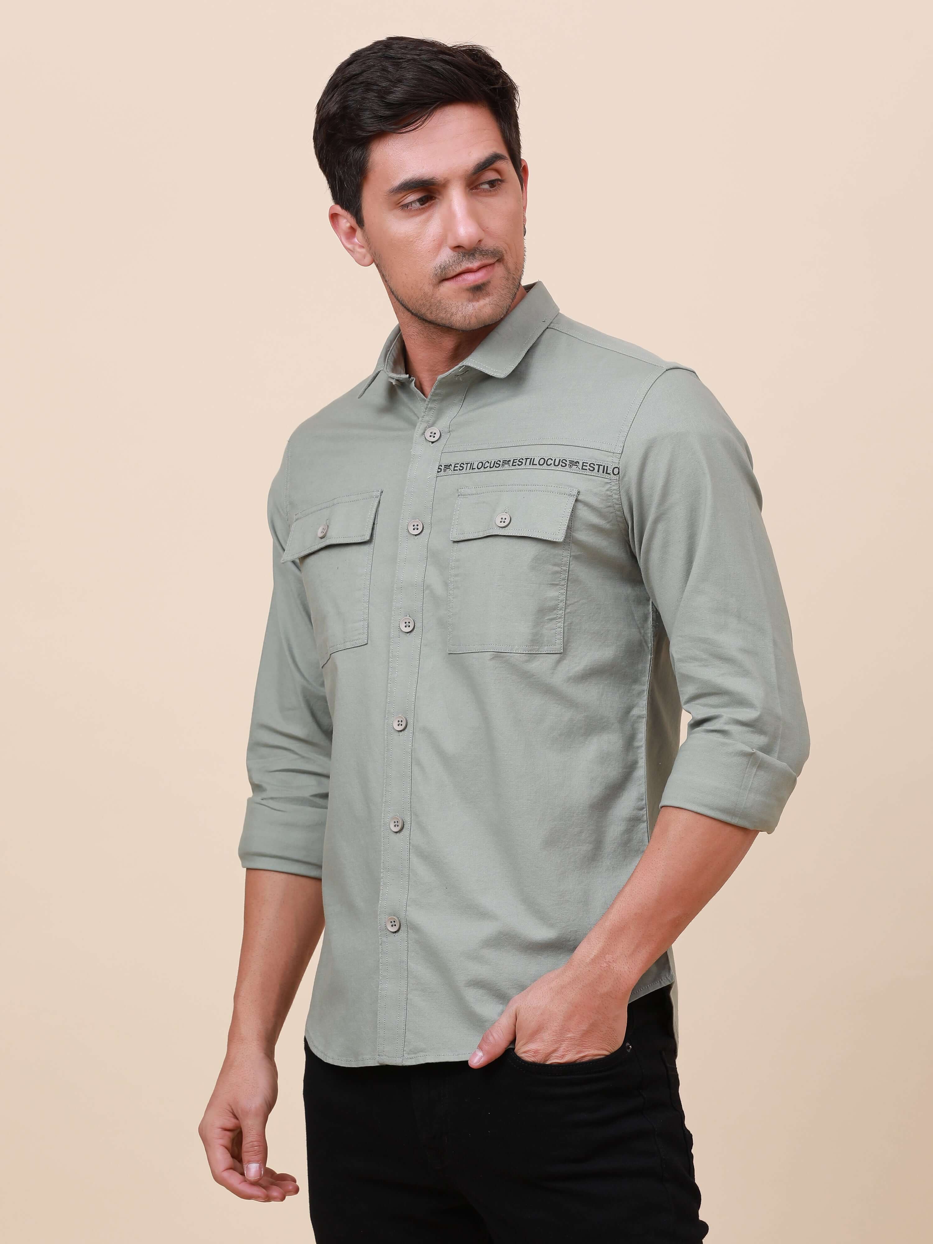 Olive Solid Double 
Pocket Shirt_ CASUAL SHIRT_ estilocus