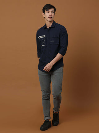 Etls/72 Cargo Navy Shirt shop online at Estilocus. 100% Premium peach Cotton Full-sleeve solid shirt Cut and sew placket Contrast patch @ Front panel pocket Regular collar Double button edge cuff Double cargo pocket along with zipper pocket and single car