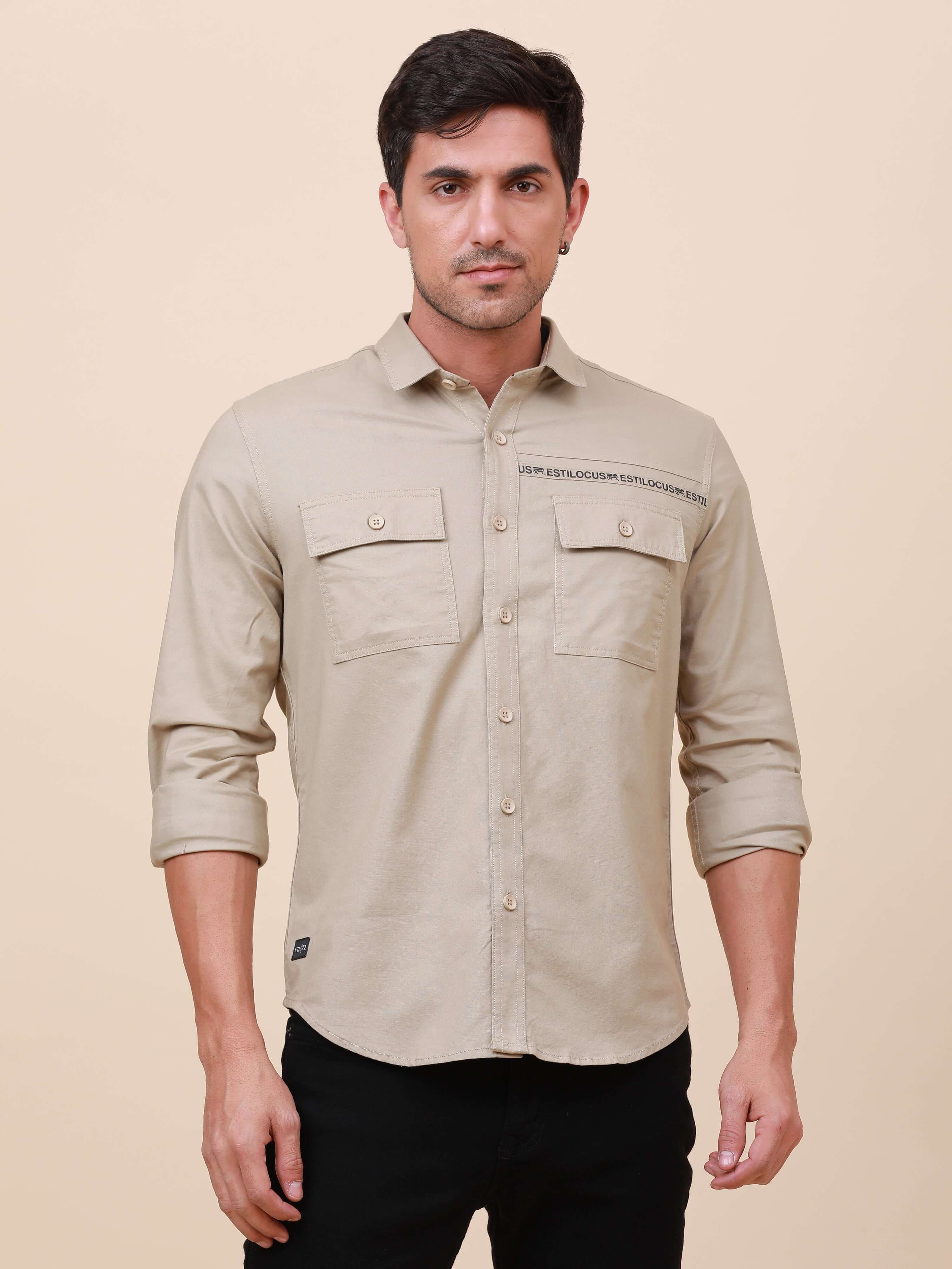 Beige Solid Double 
Pocket Shirt_ CASUAL SHIRT_ estilocus