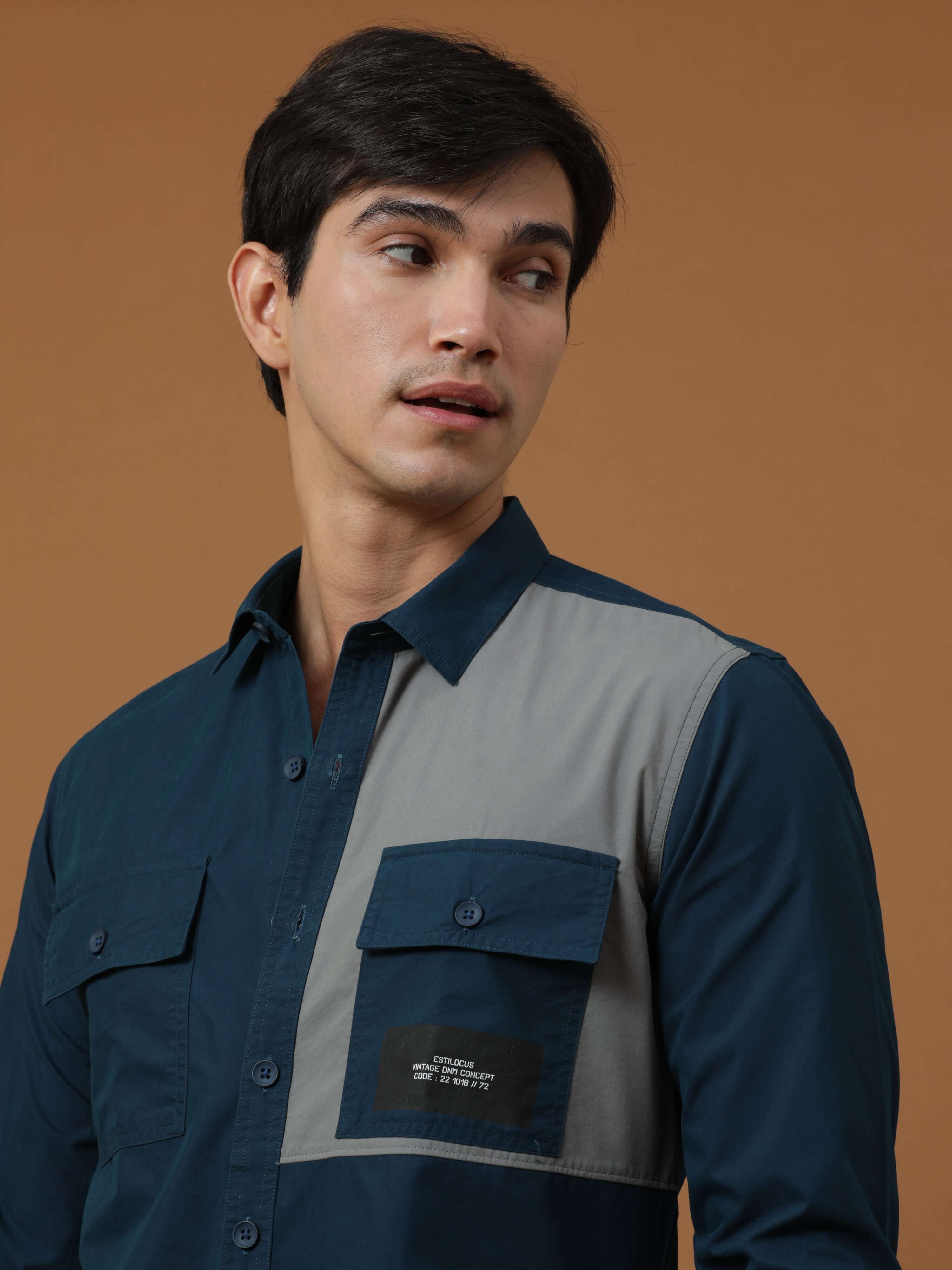 Teal Blue Contrast Patch Cargo Shirt