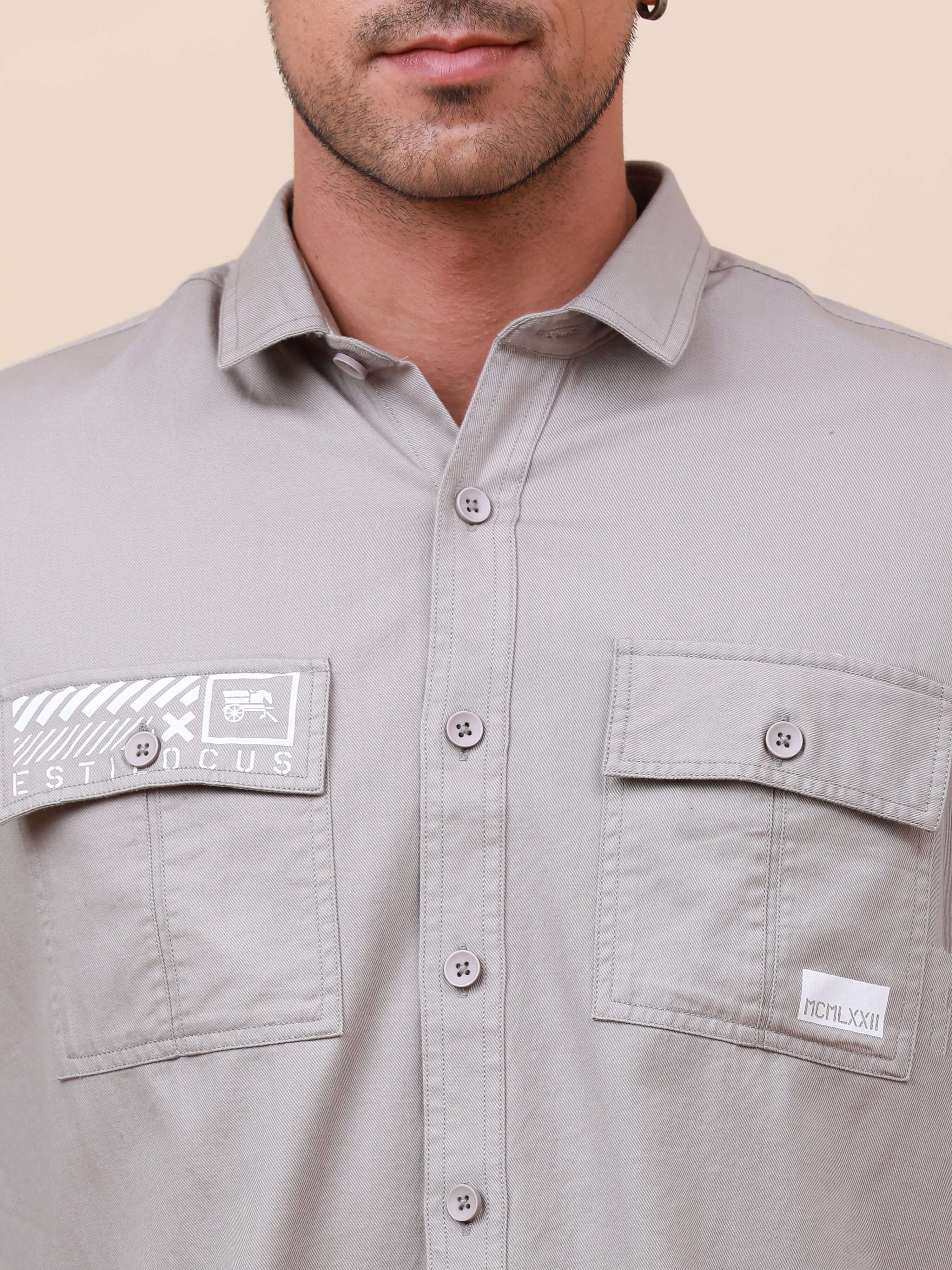 Grey Solid Double Pocket Shirt_ CASUAL SHIRT_ estilocus