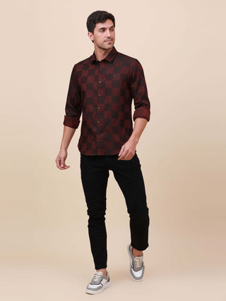 Maroon Check Pocketless Shirt shop online at Estilocus. 100% Cotton ,Full-sleeve checks shirt Self fold placket Regular collar Double button edge cuff Pocketless Curved bottom hemline Finest quality brand embroidery at front placket. All single needle con