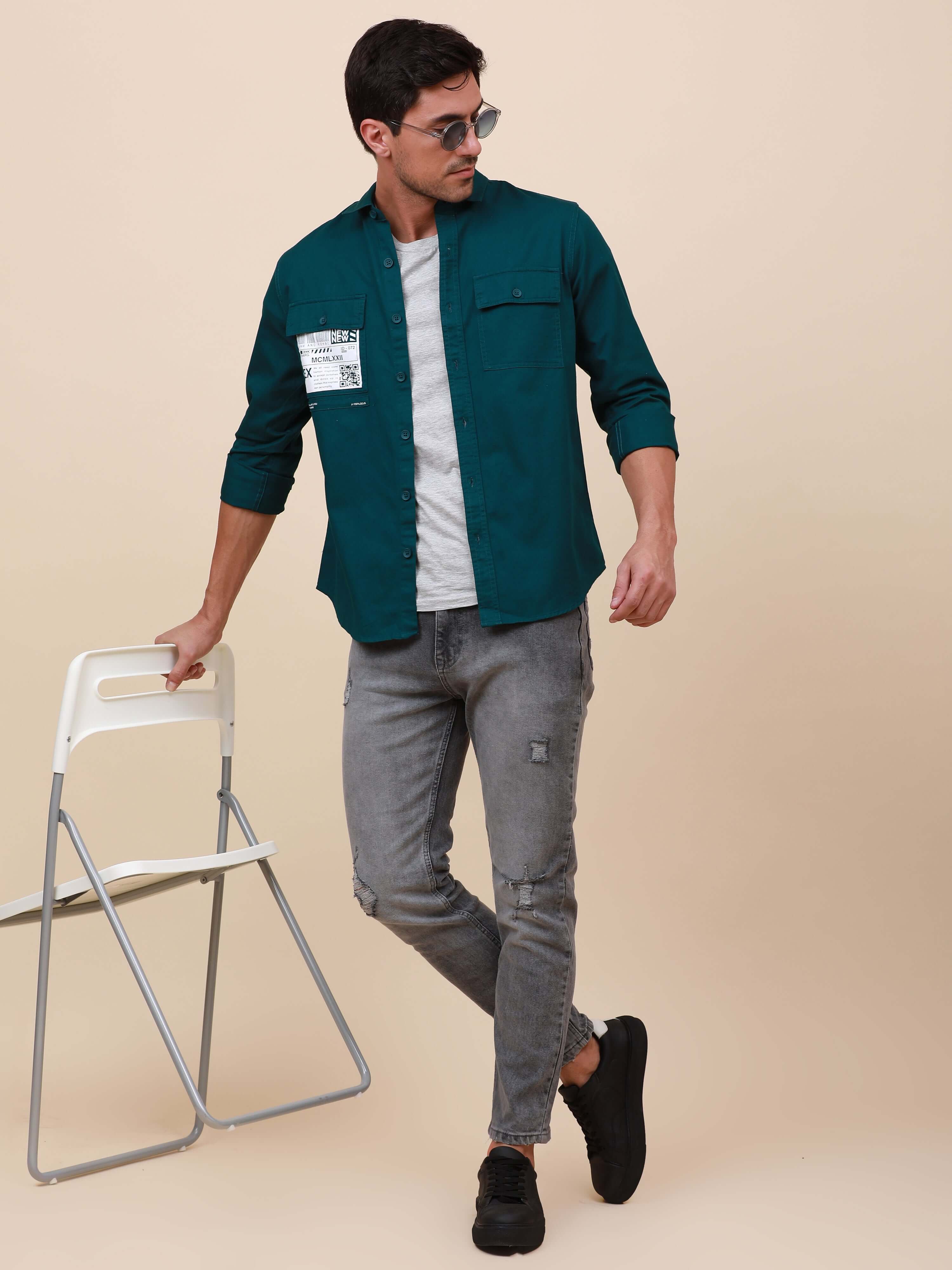 Peacock Green Solid Double 
Pocket Shirt