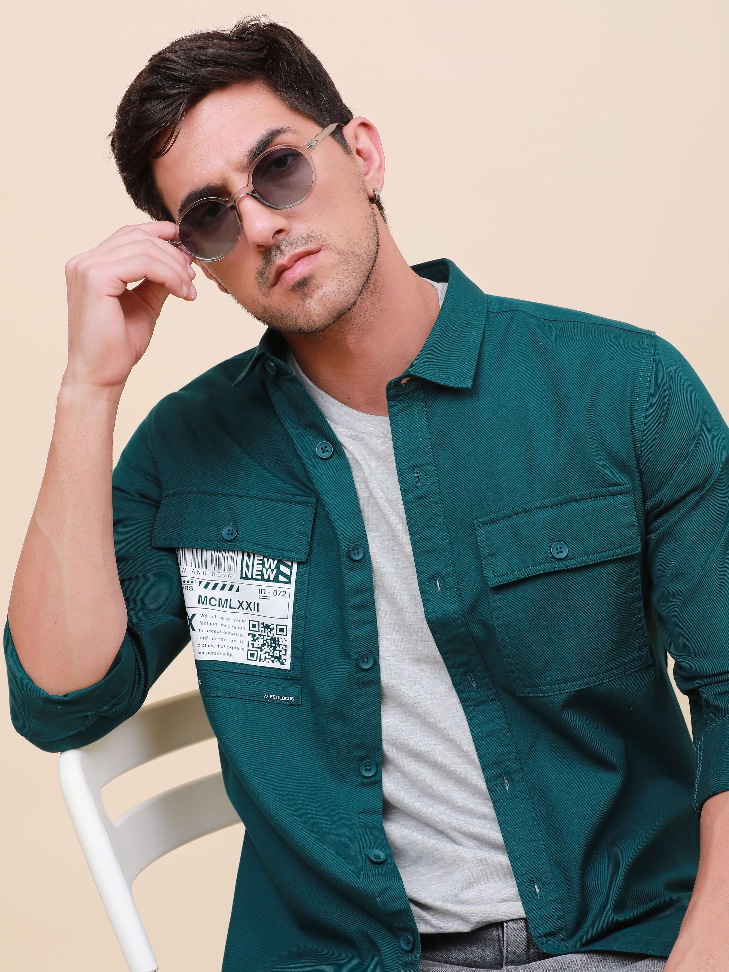 Peacock Green Solid Double 
Pocket Shirt