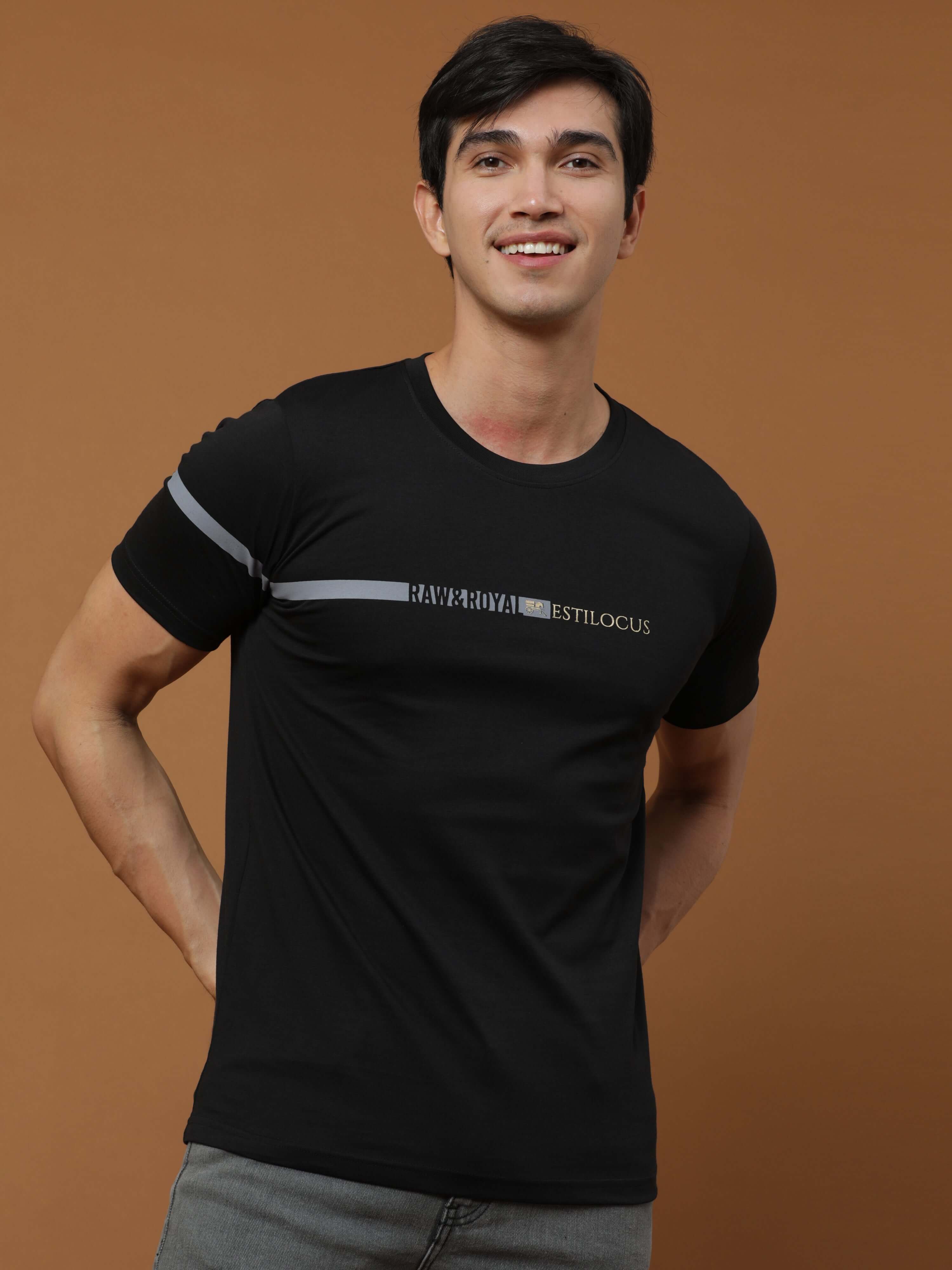 Raw&Royal Black Printed T Shirt shop online at Estilocus. 100% Cotton Designed and printed on knitted fabric. The fabric is stretchy and lightweight, with a soft skin feel and no wrinkles. Crew neck collar which is smooth on the neck and keeps you comfort