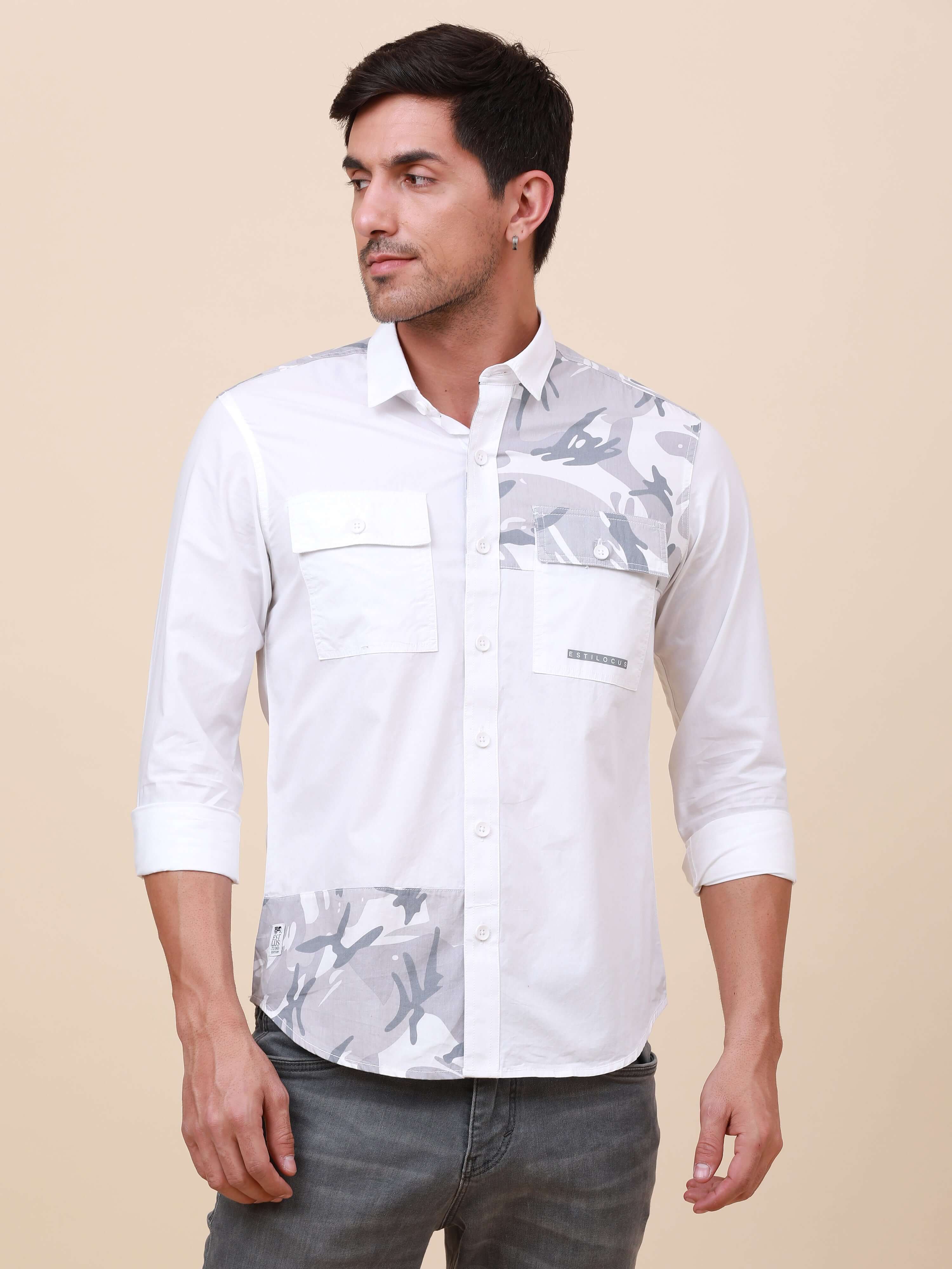 White Camo Solid Single Pocket Shirt shop online at Estilocus. 100% Cotton ,Full-sleeve solid shirt Cut and sew placket. Cut and sew front placket with camo fab Regular collar Double button edge cuff Double pocket with flap Curved bottom hemline Finest pr