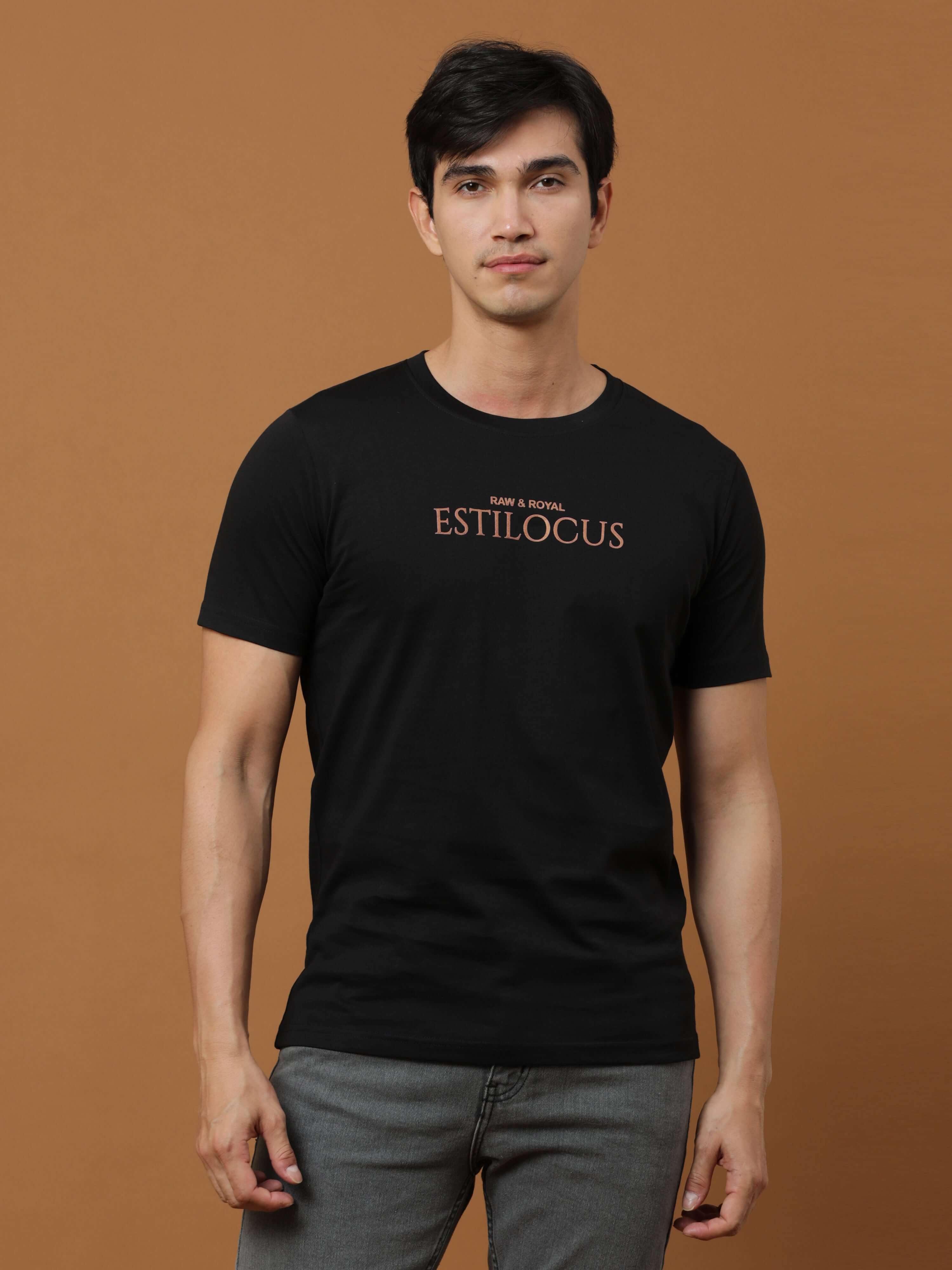 Estilocus Black Printed T Shirt shop online at Estilocus. 100% Cotton Designed and printed on knitted fabric. The fabric is stretchy and lightweight, with a soft skin feel and no wrinkles. Crew neck collar which is smooth on the neck and keeps you comfort