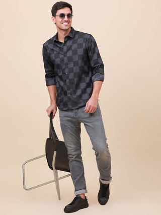 Dark Grey Check Pocketless Shirt shop online at Estilocus. 100% Cotton ,Full-sleeve checks shirt Self fold placket Regular collar Double button edge cuff Pocketless Curved bottom hemline Finest quality brand embroidery at front placket. All sinlge needle