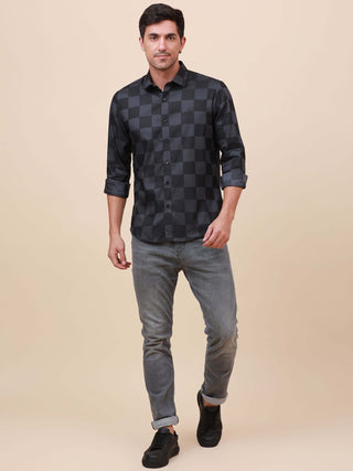 Dark Grey Check Pocketless Shirt shop online at Estilocus. 100% Cotton ,Full-sleeve checks shirt Self fold placket Regular collar Double button edge cuff Pocketless Curved bottom hemline Finest quality brand embroidery at front placket. All sinlge needle