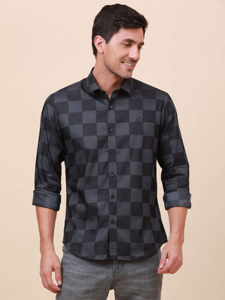 Dark Grey Check Pocketless Shirt shop online at Estilocus. 100% Cotton ,Full-sleeve checks shirt Self fold placket Regular collar Double button edge cuff Pocketless Curved bottom hemline Finest quality brand embroidery at front placket. All sinlge needle