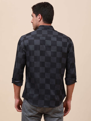 Dark Grey Check Pocketless Shirt shop online at Estilocus. 100% Cotton ,Full-sleeve checks shirt Self fold placket Regular collar Double button edge cuff Pocketless Curved bottom hemline Finest quality brand embroidery at front placket. All sinlge needle