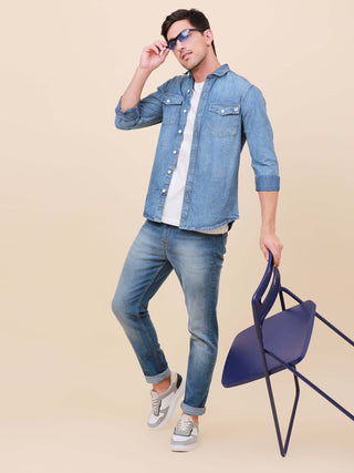 Denim Double Pocket Shirt shop online at Estilocus. Denim, Full-sleeve solid shirt Cut and sew placket Regular collar Double button edge cuff Double pocket with flap Curved bottom hemline All double needle construction, finest quality sewing Machine wash