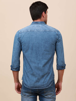 Denim Double Pocket Shirt shop online at Estilocus. Denim, Full-sleeve solid shirt Cut and sew placket Regular collar Double button edge cuff Double pocket with flap Curved bottom hemline All double needle construction, finest quality sewing Machine wash