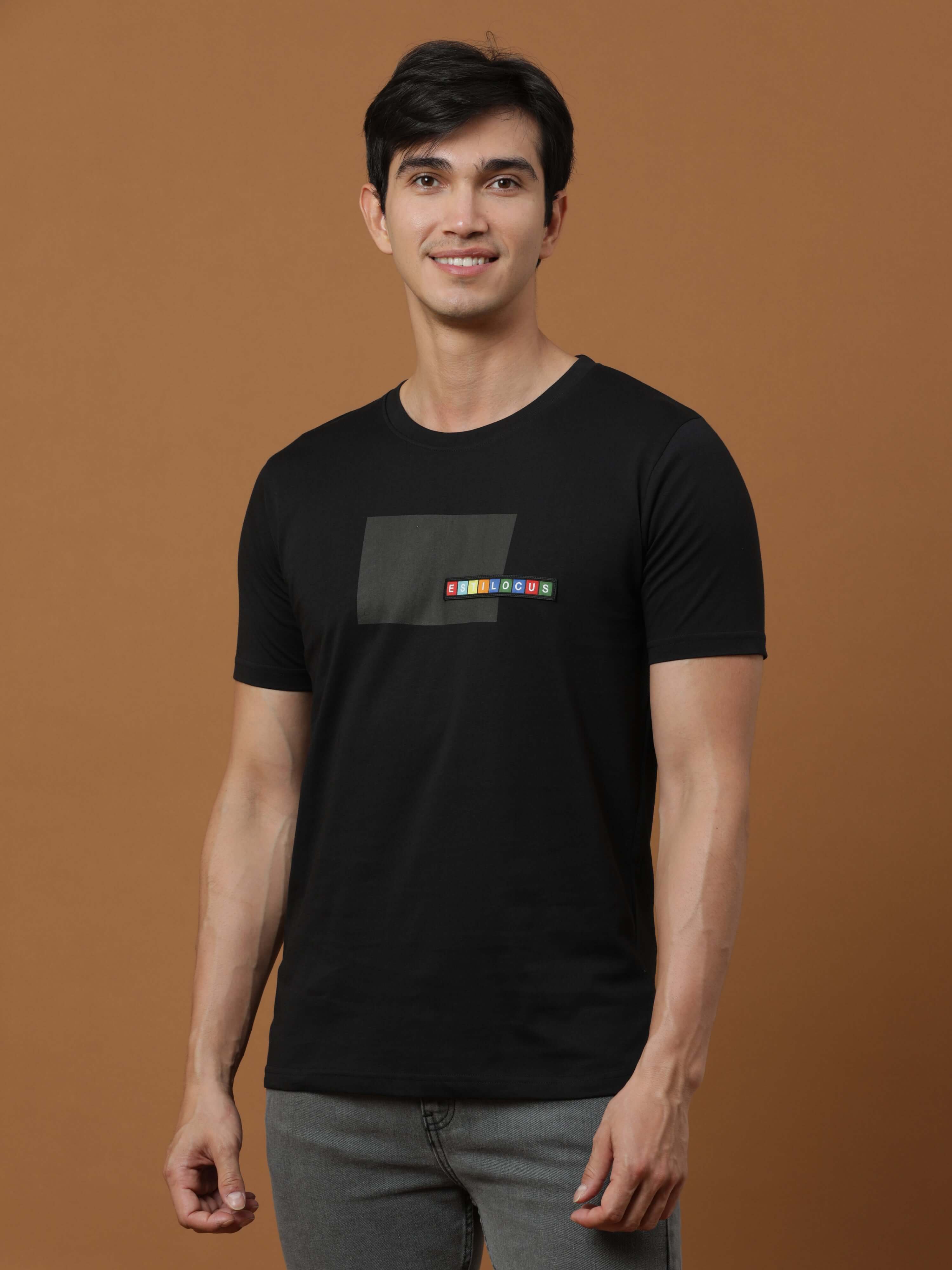 Estilocus Black Crew Neck Printed T Shirt shop online at Estilocus. 100% Cotton Designed and printed on knitted fabric. The fabric is stretchy and lightweight, with a soft skin feel and no wrinkles. Crew neck collar which is smooth on the neck and keeps y